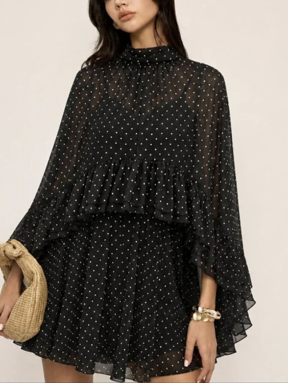 Commense Ethereal Slip Dress + Cape 2-PC Set Semi-Polka Dot Chiffon Ruffle L NWT